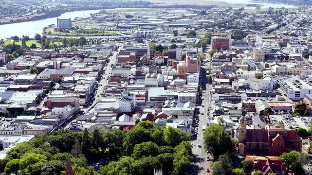 Zoom out Tamar river Esk river in Launceston city of Tasmania &ndash; aerial cityscape.