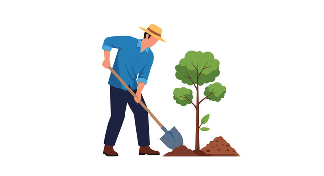 Gardener wearing a straw hat uses a shovel to plant a young sapling in a pile of soil, promoting environmental conservation efforts.