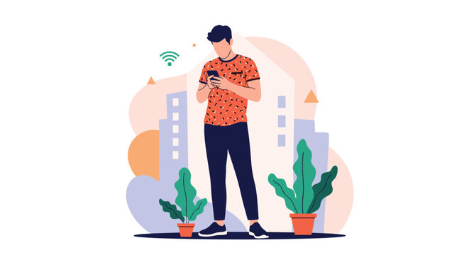 Man in a patterned shirt stands between two potted plants and looks at his smartphone while connected to a wireless internet network.