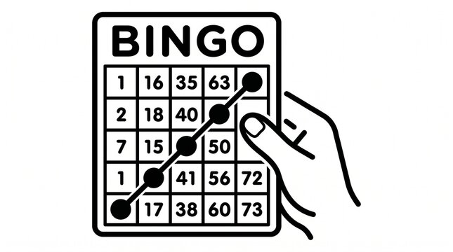 Black and white line art illustration of a hand holding a bingo card with a winning diagonal line marked.