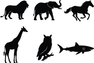 Fototapeta premium Animal silhouettes collection, lion elephant horse giraffe owl shark, diverse wildlife illustration set for jungle forest ocean sky