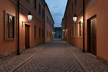 Fototapeta premium Quiet street with lamps at dusk in a small town