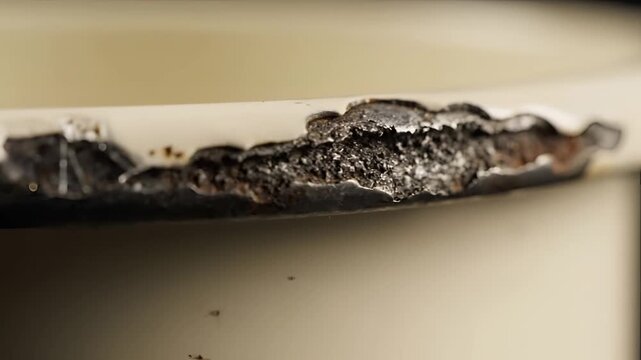 Closeup Macro Shot of Chipped Enamel Coating on Metal Surface.