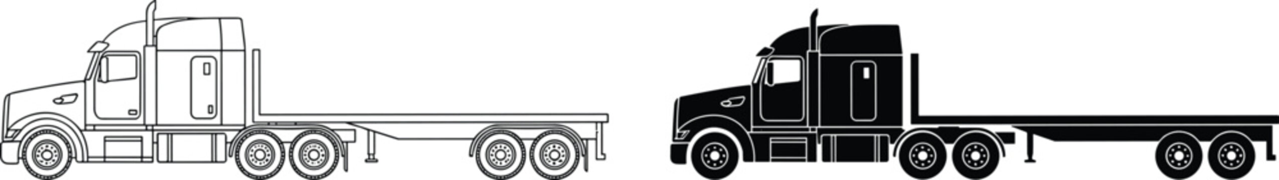 Black and White Illustrations of Semi‑Trailer Trucks with Flatbed Trailers Showing Outline and Silhouette Vehicle Design Styles