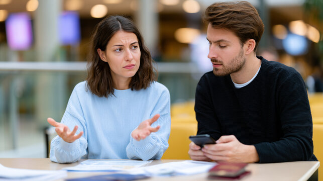 Frustrated Couple Arguing Over Travel Documents in Airport Lounge