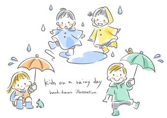 Naklejka premium 雨の日を楽しむ子どもたち 手描き水彩風のかわいい線画イラスト