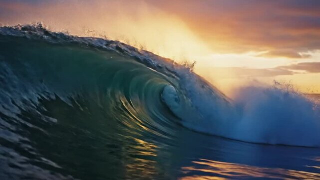 Epic ocean wave curling during golden hour with sunlight streaming through, creating stunning colors and reflections.