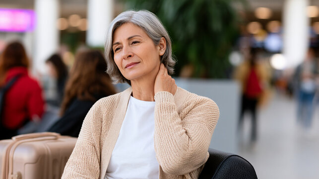 Exhausted Older Female Traveler Massaging Stiff Neck at Airport Terminal