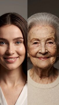 Young Woman to Elderly Woman Age Progression Comparison - This split video presents a striking visual comparison of a young woman and an elderly woman, highlighting the natural progression of aging