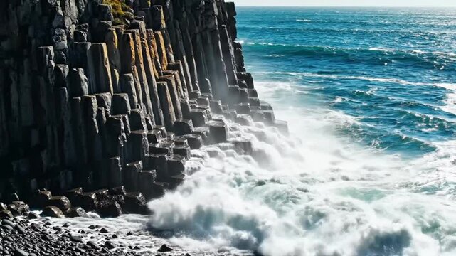 Dramatic ocean waves crashing against hexagonal basalt columns on a sunny day with blue water and spray