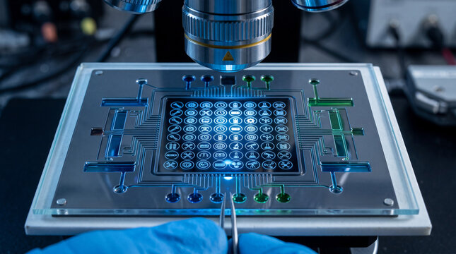 Biotech lab-on-a-chip microfluidic device under microscope lens with glow icons, organ-on-a-chip concept for futuristic medical research and pharmaceutical screening, high-tech science background