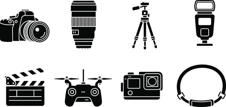 Black Silhouette Icons Depicting DSLR Camera, Lens, Tripod, Flash, Clapperboard, Drone Controller, Action Camera and Camera Strap