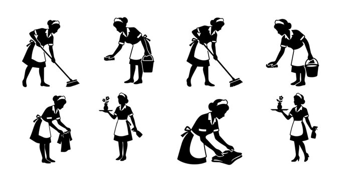 Maid and cleaning lady silhouettes set. Vector housekeeeping worker poses