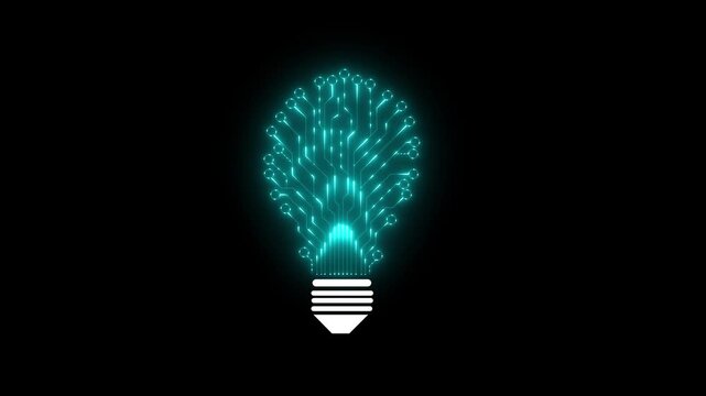 Bulb circuit animation by blue and pink color neon on black background. Modern education technology background, moving light bulbs in a cycle, using technology