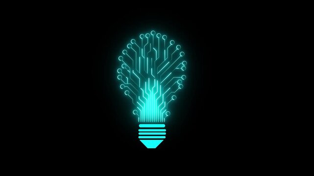 Bulb circuit animation by blue and pink color neon on black background. Modern education technology background, moving light bulbs in a cycle, using technology