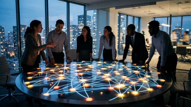 Diverse business team collaborating around a glowing digital network interface on a conference table