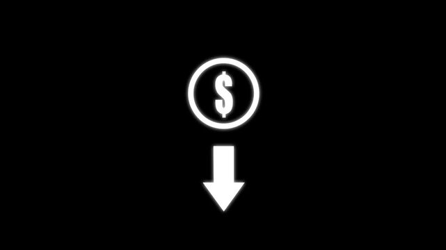 Dollar Icon With Downward Arrow Representing Financial Loss, Market Decline, Economic Downturn Or Decreasing Revenue. black background. Motion graphic of concept 4k video animation