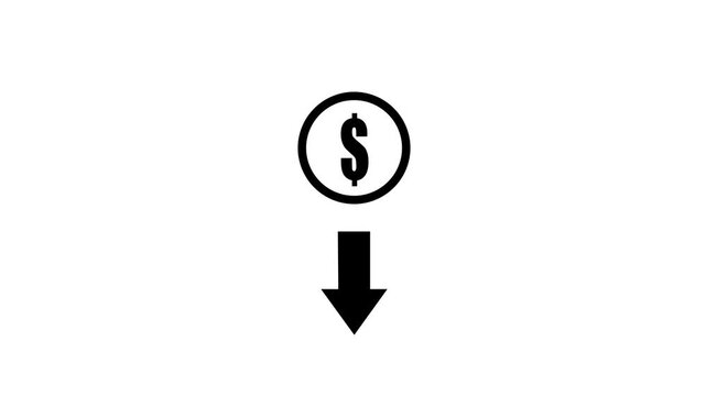 Dollar Icon With Downward Arrow Representing Financial Loss, Market Decline, Economic Downturn Or Decreasing Revenue. white background. Motion graphic of concept 4k video animation