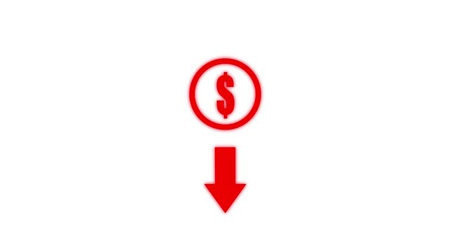 Dollar Icon With Downward Arrow Representing Financial Loss, Market Decline, Economic Downturn Or Decreasing Revenue. white background. Motion graphic of concept 4k video animation