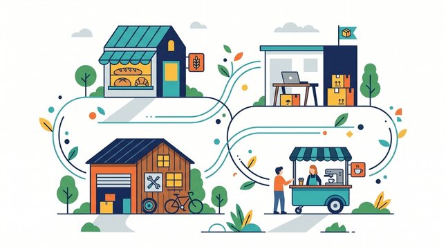Illustration of interconnected small businesses forming a local economy network with a bakery, office, warehouse, and food cart.
