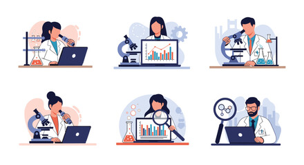 Fototapeta premium Collection of laboratory scientists conducting research using microscopes and analyzing data on computers in a professional environment.