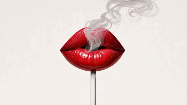 Glossy red lips shaped like a lollipop on a clean white background exhaling swirling smoke, a surreal pop-art confectionery image blending sensual mouth symbolism with vapor.