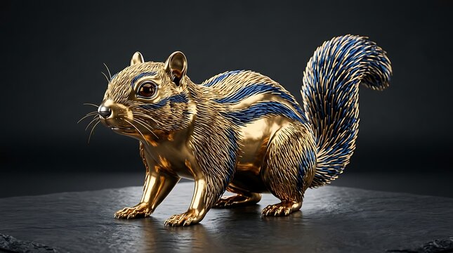 Luxurious golden squirrel sculpture with blue jewel details on dark grey floor