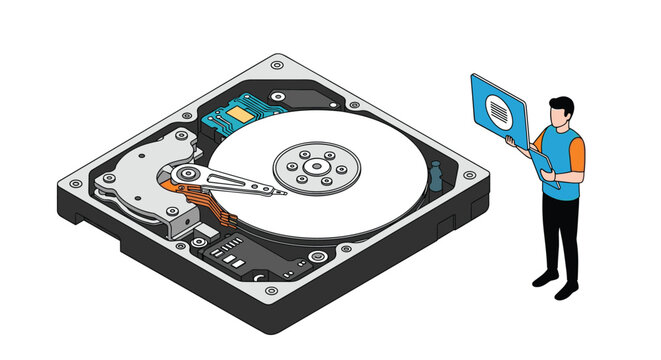 Technical illustration of an open computer hard disk drive with a technician performing data recovery or hardware maintenance.