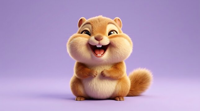 Very chubby smiling squirrel character sitting on soft pastel purple studio background