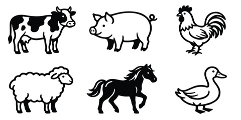 Fototapeta premium Black and white farm animal icons including cow, pig, chicken, sheep, horse, and duck in simple line art style, perfect for graphic design and educational materials on a clean white background.
