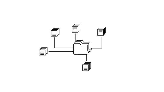 Conceptual diagram illustrating a central folder connected to multiple stacks of documents white background. animation 4k video