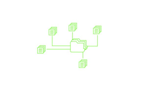 Conceptual diagram illustrating a central folder connected to multiple stacks of documents white background. animation 4k video