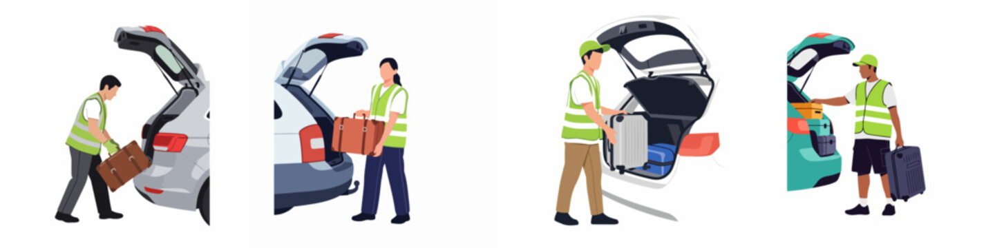Set of flat vector illustrations of service workers in reflective vests loading and unloading luggage from car trunks for airport transfer and shuttle services.