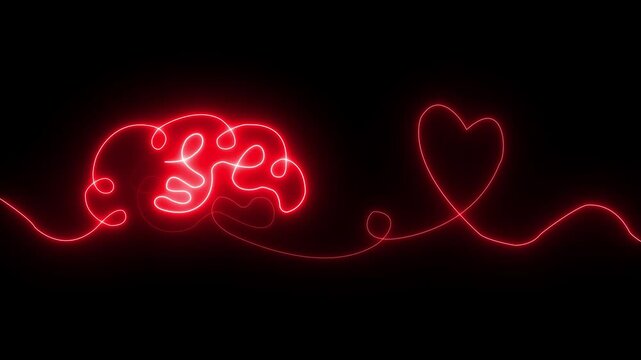 Glowing red neon Brain with heart inside. One line drawing. symbolizing balance of mind and feelings, psychology, emotional intelligence, love, mental health, connection of logic animation 4k video