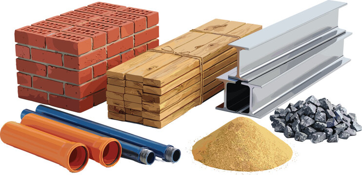 Construction Materials Vector Set with Red Bricks, Wood Timber Planks, Steel I-Beam, PVC Pipes, Gravel Stones, and Sand Pile Elements