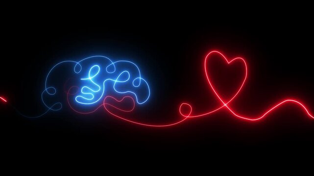 Glowing red neon Brain with heart inside. One line drawing. symbolizing balance of mind and feelings, psychology, emotional intelligence, love, mental health, connection of logic animation 4k video
