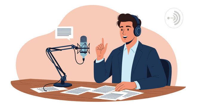 Enthusiastic man with headphones recording a podcast or radio show at a desk with a professional studio microphone.