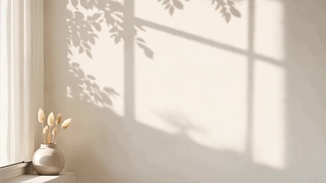 Minimal interior scene with soft morning sunlight casting window grid and leafy shadows across a neutral wall beside a windowsill vase of dried grasses, evoking calm and serenity