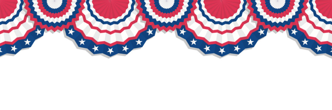 USA independence day patriotic decoration with hanging half circle bunting banner. Red white and blue stripes and stars decoration for 4th of July election campaign or parade banner
