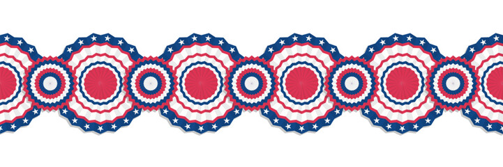 Seamless border pattern with round patriotic rosettes and circle bunting. American flag colors red white and blue decoration for 4th of July independence day and democratic election © Svitlana Tolmach 