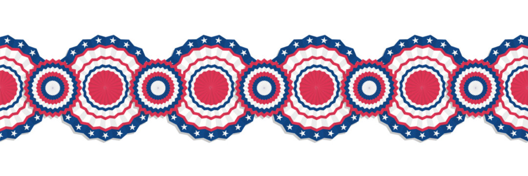Seamless border pattern with round patriotic rosettes and circle bunting. American flag colors red white and blue decoration for 4th of July independence day and democratic election