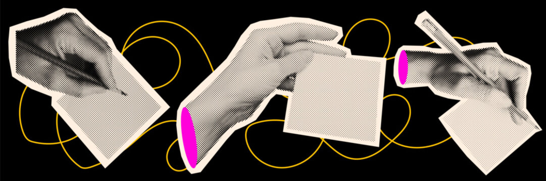 Hand halftone collage created with pencil strokes on background. Cut sign popart school walk illustration of hands holding notes and paper in dynamic vintage style with abstract doodle elements