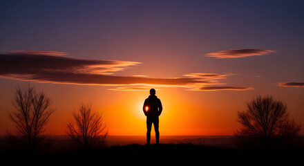 Fototapeta premium Silhouette of a man standing on a hill against a vibrant sunset sky
