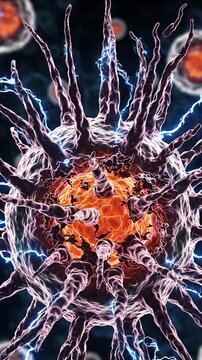 Malignant Cell Expanding with Electrical Energy - A close-up 3D illustration depicts a mutated cancer cell undergoing rapid expansion and transformation.