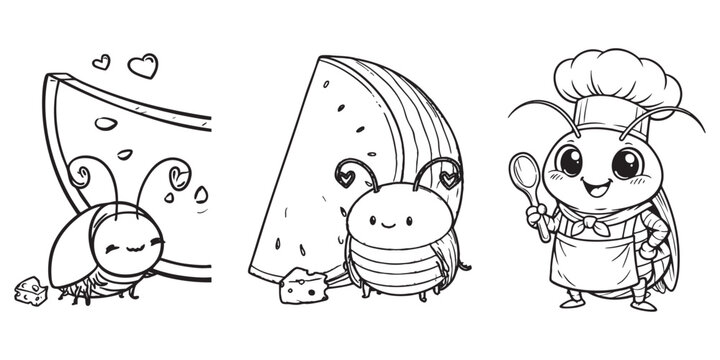 Kawaii Cartoon Cockroach Trio With Watermelon Picnic Cheese And Cute Chef Roach Black White Coloring Page