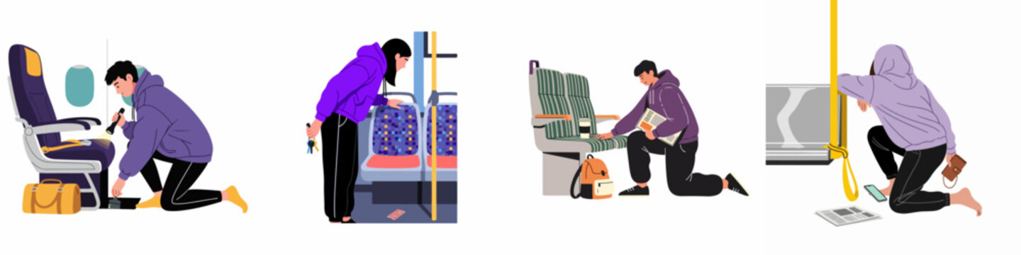 Flat vector illustration set of people searching for lost items like wallets, phones, and keys on planes, buses, and trains.
