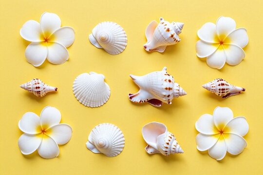 A yellow background with white flowers and seashells