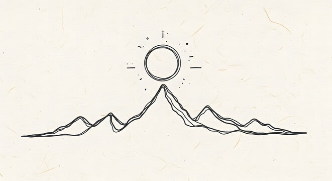 Minimalist mountain range with a sun, line art illustration of a mountain peak, simple handdrawn landscape design