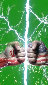 Cinematic Fist Confrontation Between Iran and USA Flags with Lightning Effect - Two fists, one bearing the flag of Iran and the other the flag of the USA, are positioned in a confrontational stance