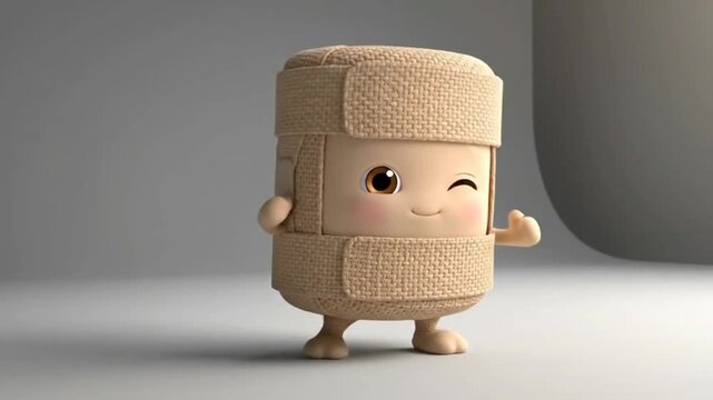 A charming 3D animated brown cardboard box with a smiling face and legs, standing on a plain gray background.
